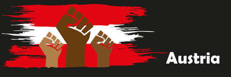 Three fists of people of different skin colors on the background of the Austrias flag and the inscription of the name of the country in English. Multiculturalism. Vector illustrationのイラスト素材