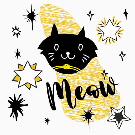 Hand drawn Halloween icon with a textured black cat vector illustration. Sweet cat print design with slogan. Vector illustration design for fashion fabrics, textile graphics, prints.のイラスト素材