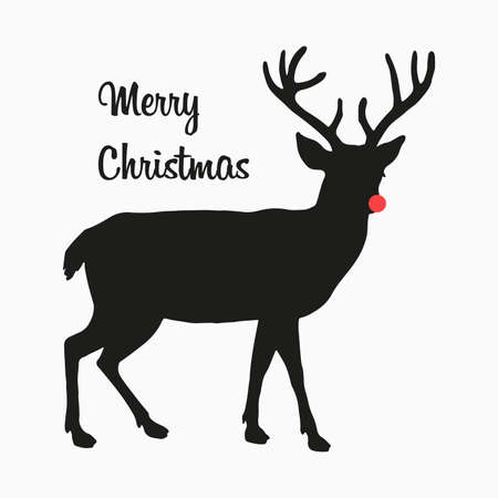 Holiday deer, Merry Christmas and New Year typographical on background with winter landscape with snowflakes, light, stars. xmas card. vector illustrationのイラスト素材