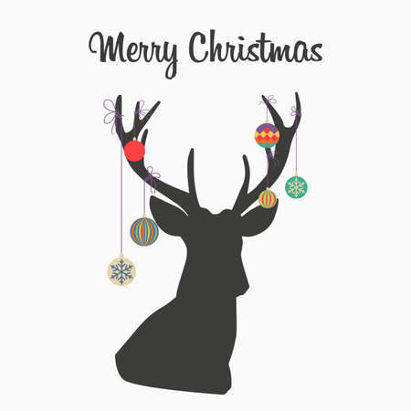 illustration of Merry Christmas and Happy new year. minimalist style. Deer with Christmas balls on the hornsのイラスト素材
