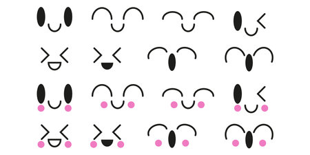 Cartoon kawaii eyes and mouths. Cute emoticon emoji characters in japanese style. Vector emotion smile cartoon, kawaii japanese anime illustrationのイラスト素材