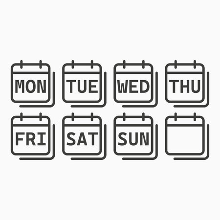 Vector set square icon pages calendar, days of the week - Sunday, Monday, Tuesday, Wednesday, Thursday, Friday, Saturday. Date days to-do list. Reminder, schedule line simple sign. Organizer conceptのイラスト素材