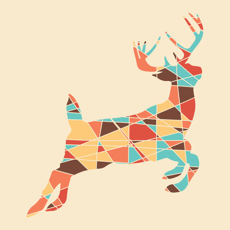Deer silhouette in mosaic style. Abstract geometric irregular mosaic. New vision of Christmas card. Polygonal geometric outline multicolor illustration of deer. Scandinavian style. vectorのイラスト素材