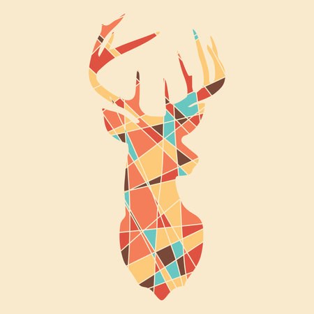 Deer silhouette in mosaic style. Abstract geometric irregular mosaic. New vision of Christmas card. Polygonal geometric outline multicolor illustration of deer. Scandinavian style. vectorのイラスト素材