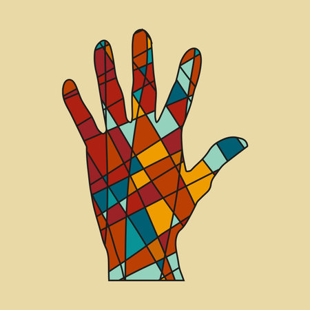 Hand silhouette in mosaic style. Abstract irregular mosaic. Polygonal geometric outline multicolor illustration of hand. vector illustrationのイラスト素材
