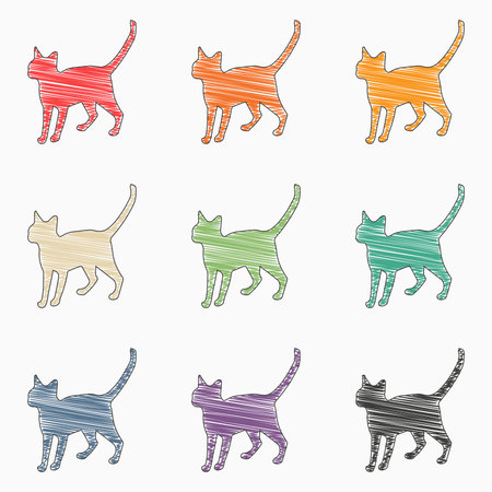 Silhouette of a cat made in the style of a sketch. Children's multicolored doodles. vector illustration.のイラスト素材