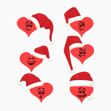 Christmas icons made by hearts with Santa Claus hats. Vectorのイラスト素材