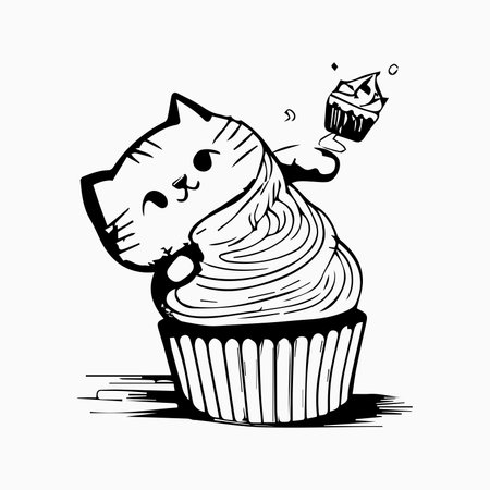 Cupcake and kitten. Cute illustration of a cupcake decorated with cream and a little white kitten playing with a cupcake. Objects isolated on white. Vector 8 EPS.のイラスト素材