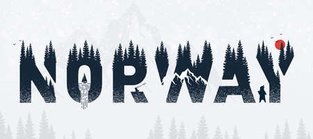 Norway, the land of deep forests, grand mountain tops and, of course, its majestic fjords. Typography design concept. Country name with tree elements.の写真素材