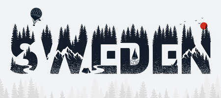 The Kingdom of Sweden, known for its breathtaking natural landscapes, is the fifth largest country in Europe by area. Typography design concept. Country name with tree elements.の写真素材
