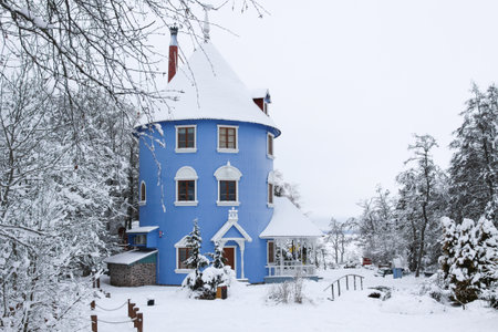 Naantali, Finland - January 17, 2010: A scenic shot of human-size Moominhouse in Moomin World theme park during snowy winter day, Naantali, Finland. It is a magical place for children of all ages.のeditorial素材