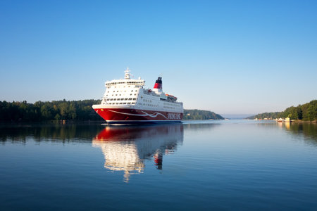 Turku, Finland - August 10, 2019: Passenger ferry in archipelago at Turku, Finland. It's coming from Stockholm, Sweden on a foggy, sunny morning.のeditorial素材