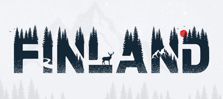 Finland, the land of forests and lakes. Typography design concept. Country name with tree elements.の写真素材