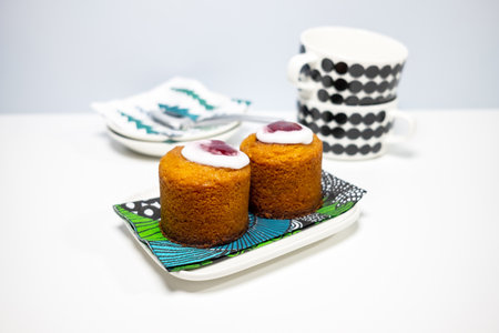 Runebergin torttu, famous Finnish Runeberg cake tart pastry made of almonds, rum and raspberry jam. The torte is named after the Finnish poet J. L. Runeberg who often enjoyed the torte for breakfast.の写真素材