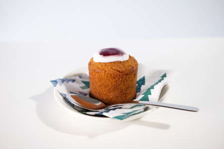 Runebergin torttu, famous Finnish Runeberg cake tart pastry made of almonds, rum and raspberry jam. The torte is named after the Finnish poet J. L. Runeberg who often enjoyed the torte for breakfast.の写真素材