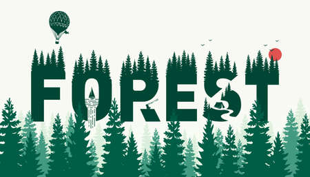 Illustration background with text Forest and different camping elements. Typography design concept.の写真素材