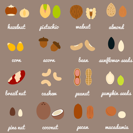 Full nuts and seeds icon set, background brownのイラスト素材