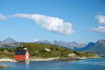 Lanscape and boathouse at the bueautiful island sommaroy in Troms Norwayのeditorial素材
