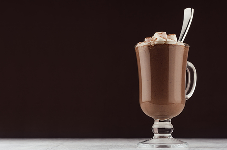 Exquisite sweet hot chocolate drink with marshmallows and silver spoon on dark brown wall and white wood board, copy space.の写真素材