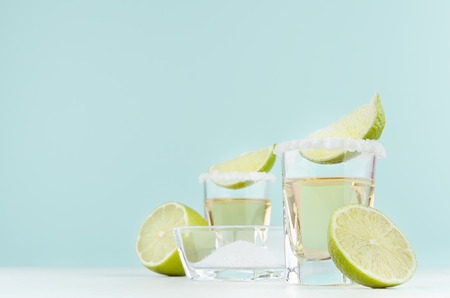 Tequila alcohol shot drink with salty rim, piece lime, salt in bowl  on soft light pastel green background, copy space.の写真素材