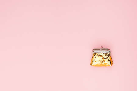 Elegant bright golden wallet with glitter on soft light pink color, top view, copy space.の写真素材