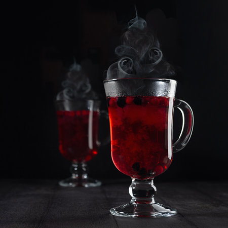 Christmas mulled wine - hot red berries tea with Christmas tree shape steam in two glass wine glasses with ripe berry in dark elegant black interior, square.の写真素材