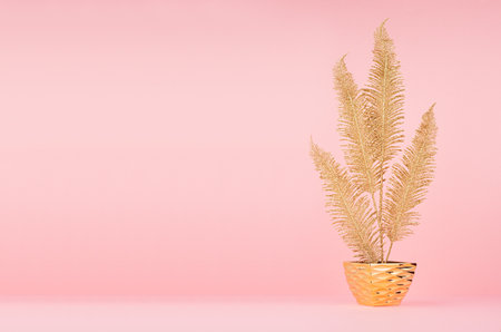 Luxury home decoration - golden palm branch in bowl on soft light pastel pink background.の写真素材