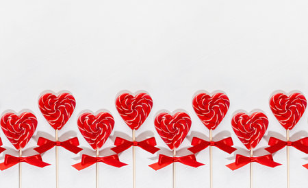Bright valentine's day background - sweet red lollipops hearts on white wood board as seamless border, layout for banner, header, design.の写真素材