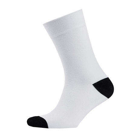 Blank white cotton long sock with black heel on invisible foot isolated on white background as mock up for advertising, branding, design, side view, template.の写真素材