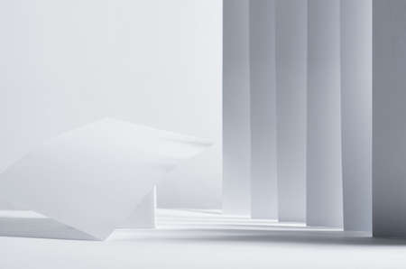 Modern simple geometric white gray abstract scene with stripes, perspective, light, shadow and asymmetry construction as podium.の写真素材