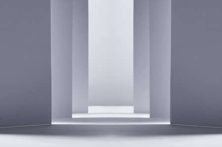Abstract white gray background with geometric channel of stripes with perspective as scene or...