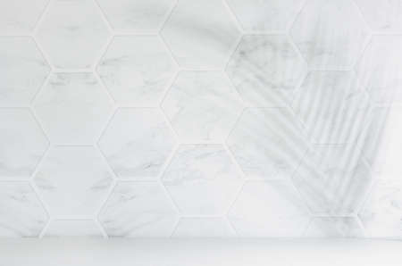 Light white gray marble tile wall in sunlight with palm leaf shadow and white wood board as floor, empty interior of kitchen, bathroom for design.の写真素材