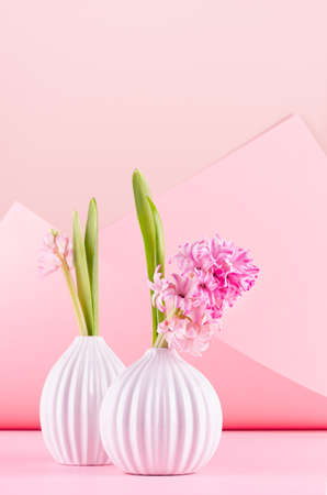Bright delicate spring white hyacinth bouquet in ceramic vases on pastel pink geometric background in contempory style, copy space, vertical. Festive backdrop for wedding.の写真素材