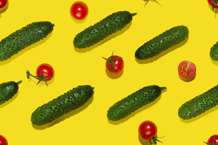 Summer color food seamless pattern - red cherry tomatoes and green gherkin cucumber in sunlight with shadows on yellow backdrop, flat lay.の写真素材
