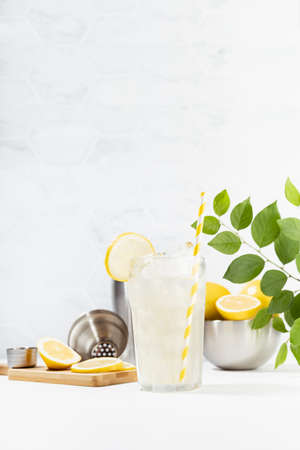 Healthy vitamin lemon drink cooking in soft light white kitchen with marble tile, green leaves in sunlight or outdoor - fresh natural lemonade with ice, ingredients on white wood table, vertical.の写真素材