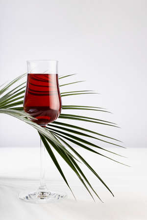 Red liquor in rich glass with curved summer bright green palm leaves as decoration in soft light white abstract interior on wood table, vertical.の写真素材