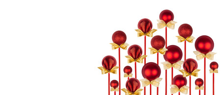 Christmas background with bright red balls with golden bows upside down growing as bedflower in rounded shape isolated. Art for design of website, header, card, brochure.の写真素材