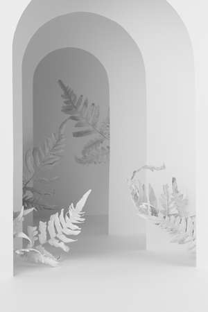 Abstract white stage mockup with black contrast arch decorated fern leaves for presentation cosmetic product, design, advertising in modern minimal simple exotic style, vertical.の写真素材