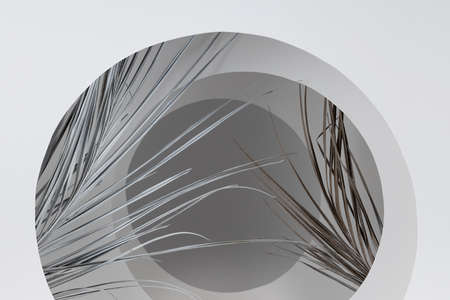 Abstract white geometric background with tunnel of round arches with shift perspective, dry palm...