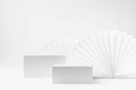 Template of abstract white stage with two rectangle podiums for showing, presentation cosmetic product, goods, advertising with soft light paper fans in elegant fashion modern style, front view.の写真素材
