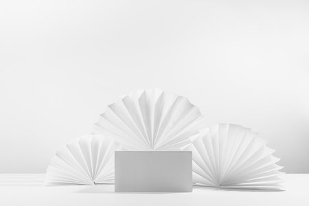 Rectangle single white podium mockup for showing, presentation cosmetic product or goods with soft light oriental paper fans decor in minimal simple style, front view.の写真素材