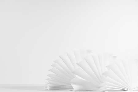 White oriental ribbed semicircle paper fans on table as modern simple minimal decor in abstract stage, geometric background in simplicity style, copy space, closeup.の写真素材