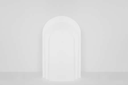 Modern minimal abstract stage mockup for presentation cosmetic product, goods, design, advertising with white rectangle rounded arches in sunlight in simple geometric elegant style.の写真素材