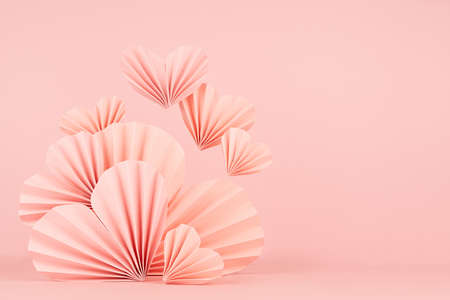 Valentines day scene in asian style - pink paper hearts of folded fans flying on pastel pink color, border, copy space. Romantic stage mockup for presentation cosmetic product, goods, card, flyer.の写真素材