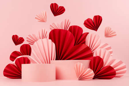 Beautiful cute pink Valentines day scene mockup with two round podiums, flying ribbed red, pink...