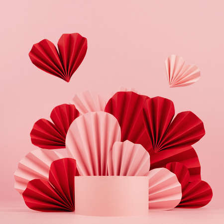 Tender pink stage mockup with levitation red, pink paper hearts, single round podium, showcase for presentation cosmetic product, advertising, design, closeup, square. Valentines day scene template.の写真素材