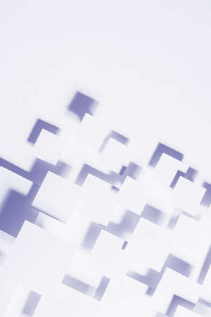 Future colors - very peri or blue and white geometric pattern with flying rhombuses in bright light beam with soft shadows, top view, border, copy space, vertical. Simple mosaic abstract background.の写真素材