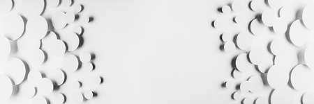 White simple geometric banner with flying ovals in shining light with soft contrast gray shadows as energy pattern, border, copy space. Futuristic minimal backdrop for website, advertising, design.の写真素材
