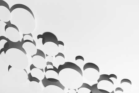 Abstract flow of white simple flying ovals in hard light with contrast strict black shadows, energy pattern, border, copy space. Futuristic bright geometric minimal backdrop for advertising, design.の写真素材