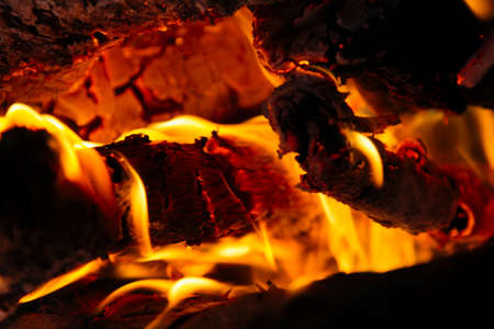 Bright orange flame of natural bonfire closeup, texture, background.